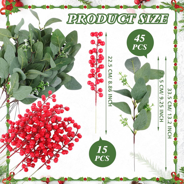 Ceenna 60 Pcs Christmas Artificial Pine Branches Fake Pine Picks Leaves Christmas Greenery Stems Evergreen Berry Stems Set for DIY Craft Garland Flower Christmas(Eucalyptus,13.2 Inch)