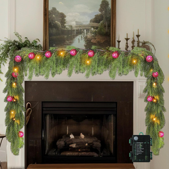 Ceenna 6.2FT Pre Lit Christmas Cedar Garland with Lights Artificial Pine Garland Christmas Decorations with Ball Ornaments,8 Modes Timer Battery Operated for Outdoor Indoor(Rose Red)
