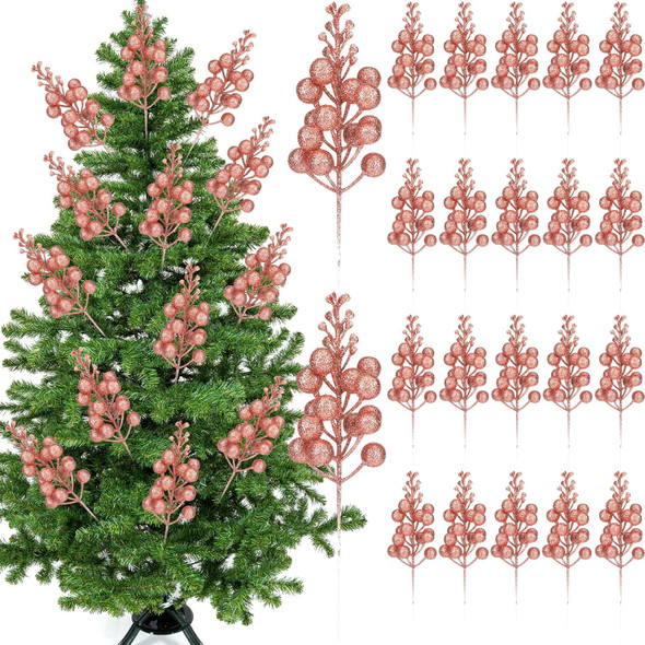 80 Pcs Christmas Glitter Berries Stems 8.5 Inch Artificial Christmas Berry Branches Sprays Faux Berry Sprig Picks Winter Floral Picks for DIY Xmas Tree Ornaments Christmas Wreath Decor(Rose Gold)