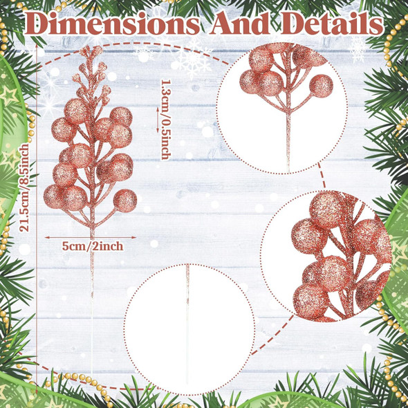 80 Pcs Christmas Glitter Berries Stems 8.5 Inch Artificial Christmas Berry Branches Sprays Faux Berry Sprig Picks Winter Floral Picks for DIY Xmas Tree Ornaments Christmas Wreath Decor(Rose Gold)