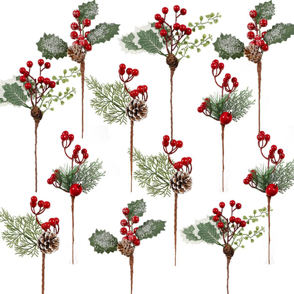 Cekene 12PC Artificial Christmas Pine Picks Branches Assorted Christmas Red Berry Picks with Pine Cones Faux Holly Stems Branches Holiday Floral Picks for Christmas Decoration Wreath Garland DIY