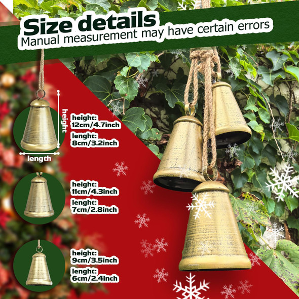 Christmas Bells，Handmade Rustic Christmas Bells, Vintage Iron Bells with Jute Rope for Hanging,Christmas Bells for Decoration ，Christmas Decor Set of 3 Different Sizes