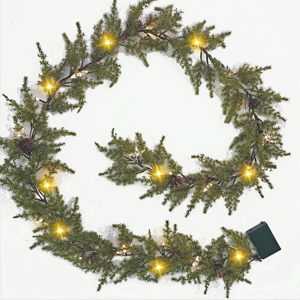 6FT Artificial Evergreen Garland, Faux Pine Garland Realistic, Prelit Christmas Garland with Star, Pine Cone, Battery Operated with Timer, for Table Staircase Mantle