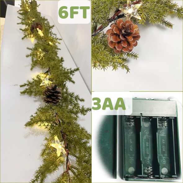 6FT Artificial Evergreen Garland, Faux Pine Garland Realistic, Prelit Christmas Garland with Star, Pine Cone, Battery Operated with Timer, for Table Staircase Mantle