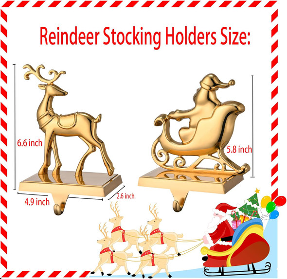Antique Gold Reindeer & Sleigh Stocking Holder Set for Mantle Set of 4,Deer Stocking Hangers for Firepiece,Christmas Decorations Mantel Hanger for Stocking/Garland (Retro Gold)