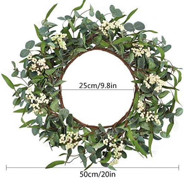 CEWOR Artificial Eucalyptus Wreath for Front Door 20in, Spring Summer Green Leaf Wreath for Farmhouse Wall Wedding Decor Window Front Porch Patio Garden Decoration