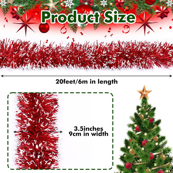CEWOR 20 Feet Christmas Tinsel Garland for Christmas Tree Decorations, Red Silver Tinsel Garland Holiday Decor for Outdoor or Indoor Use, Wedding Birthday Party Supplies