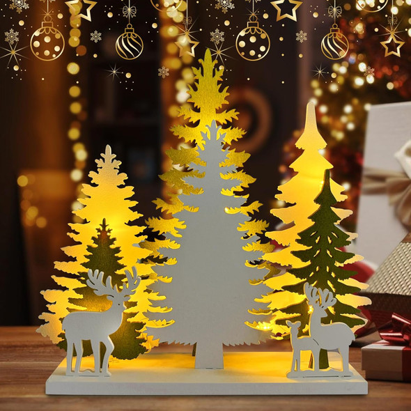 Wooden Christmas Tree Tabletop Decorations, LED Light up Wooden Christmas Ornaments 10inch 2AA Battery Powered for Xmas Home Holiday Party Décor