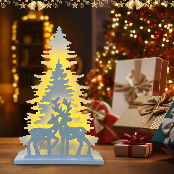 Wooden Christmas Tree Tabletop Decor, Cewuidy，LED Light up Wooden Christmas Reindeer Ornaments 11.8inch 2AA Battery Powered for Home Farmhouse Xmas Desktop Decorations(Indoor)