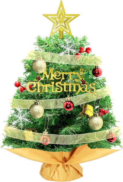 24 Inch Small Christmas Tree, Tabletop Christmas Tree with Star Treetop, Ornaments Balls, Merry Christmas Placard, Snowflakes, Golden Ribbon, Ornaments and Red Berries, Christmas Table Decorations
