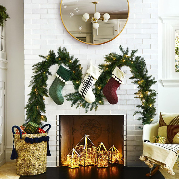 9'X10 Christmas Rattan with 50 Warm White Time Control Light for Stairs Fireplace Christmas Garland Decorations with Holiday Greenery Wreath Artificial Rattan