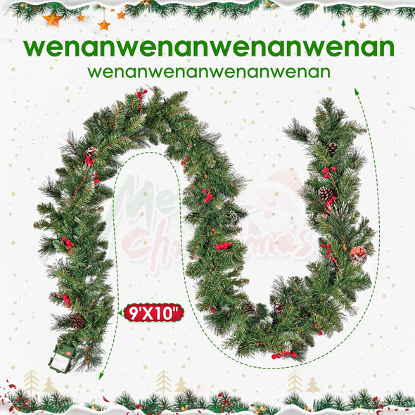 9'X10 Christmas Rattan with 50 Warm White Time Control Light for Stairs Fireplace Christmas Garland Decorations with Holiday Greenery Wreath Artificial Rattan
