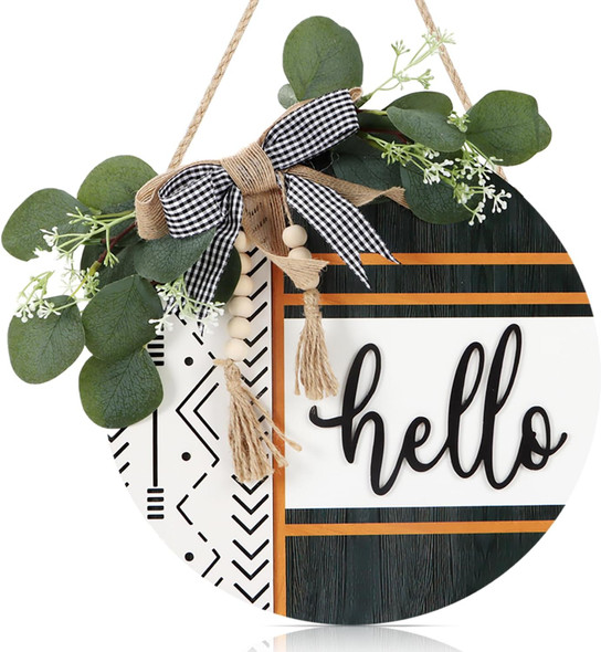 CHDITB Boho 3D Hello Front Door Wreath Sign(11.42"x11.42"), Farmhouse Front Door Porch Decor with Eucalyptus Leaves Plaid Bow Bead, Rustic Hello Fall Door Hanger Decoration Hanging for Office Home