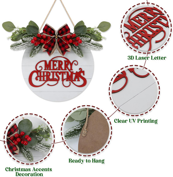 CHDITB Cute Merry Christmas Wooden Front Door Wreath(11.4”x11.4”), Farmhouse 3D Christmas Decor Hanging Sign with Red Plaid Bow Berries Mistletoe, Housewarming for Xmas Winter Holiday Year