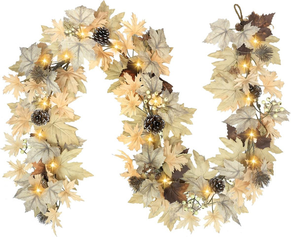 Realistic Fall Garland with Lights, 6 FT Real Touch Feel Fall Leaves Garland with Berries Pine Cones, Fall Decorations for Home Thanksgiving Halloween Decorations Indoor Farmhouse Porch Fireplace