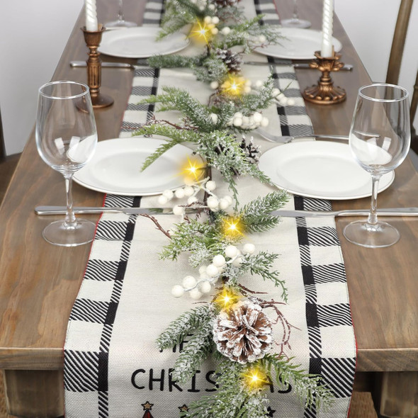 6FT Christmas Garland, Prelit Christmas Garland, Christmas Garland with Lights Snowflake Effect Design with Pinecones, White Berries for Mantel Tabletop Party Home Indoor Outdoor Winter Decor