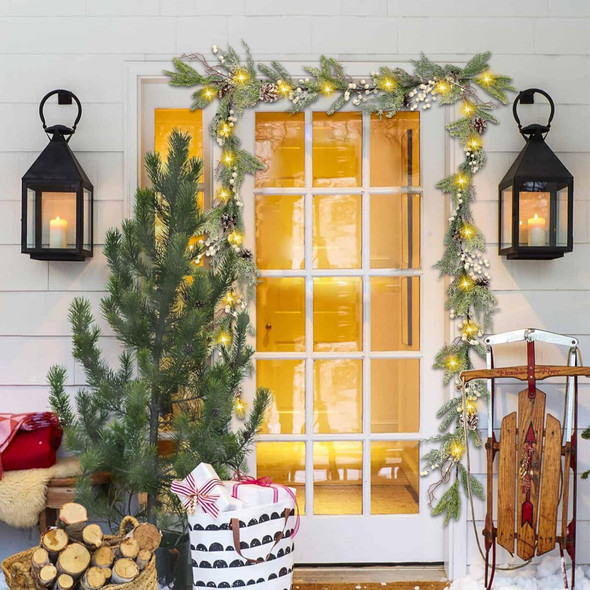 6FT Christmas Garland, Prelit Christmas Garland, Christmas Garland with Lights Snowflake Effect Design with Pinecones, White Berries for Mantel Tabletop Party Home Indoor Outdoor Winter Decor