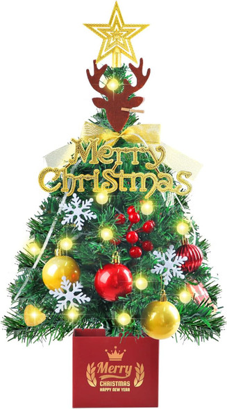 Mini Christmas Tree, 24 Inch Small Christmas Tree, Artificial Table Top Christmas Trees with Lights, Star Treetop and Ornaments, DIY Christmas Decoration, Holiday Decorations Xmas Indoor, Home Decor