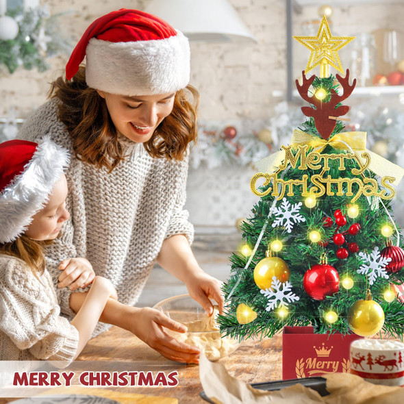 Mini Christmas Tree, 24 Inch Small Christmas Tree, Artificial Table Top Christmas Trees with Lights, Star Treetop and Ornaments, DIY Christmas Decoration, Holiday Decorations Xmas Indoor, Home Decor
