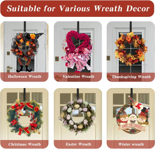 Wreath Door Hanger, Black Wreath Hanger for Front Door, Adjustable Wreath Hanger from 15 to 25 Inches Wreath Hanger, Metal Door Wreath Hanger for Christmas, Thanksgiving, Easter Decorations Wreaths