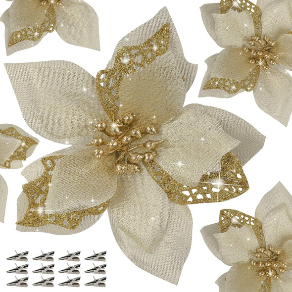 12 PCS Poinsettia Flower Artificial Poinsettia Christmas Decoration 5.9'' Gold Glitter Poinsettias Christmas Ornaments Christmas Tree Flower Decor with Clips DIY Xmas Wreath Holiday Home Party Decor