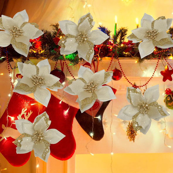 12 PCS Poinsettia Flower Artificial Poinsettia Christmas Decoration 5.9'' Gold Glitter Poinsettias Christmas Ornaments Christmas Tree Flower Decor with Clips DIY Xmas Wreath Holiday Home Party Decor