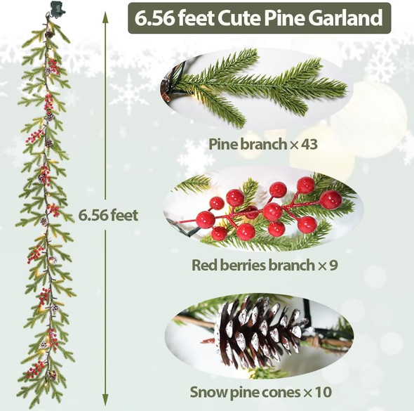 Superior Christmas Garland 6.56 FT 40 Rice LED Pine Garlands with Lights Battery Operated with Timer 8 Flash Modes Christmas Decoration for Mantle Fireplace Indoor Outdoor Holiday Home Xmas Decor