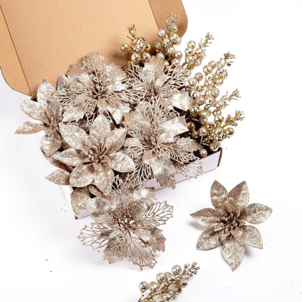 24Pcs Champagne Glitter Poinsettia Christmas Tree Ornaments and Glitter Berries Stems, 16Pcs Christmas Artificial Flowers and 8 Pack Christmas Tree Picks for Wedding Holiday Decorations