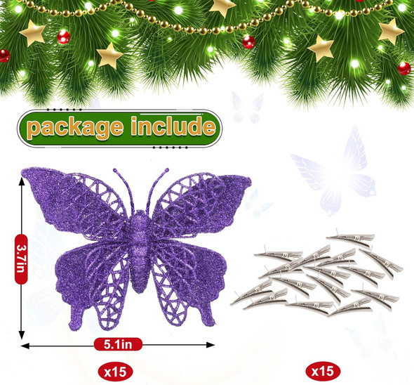15 PCS Glitter Christmas Tree Butterfly Ornaments, Hollow Butterfly Christmas Decorations with Clips, Artificial Butterfly Ornaments Decoration for Christmas Tree, DIY Xmas Wreath Decor - Dark Purple