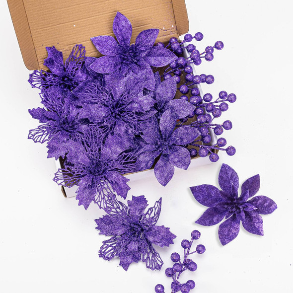 24Pcs Purple Glitter Poinsettia Christmas Tree Ornaments and Glitter Berries Stems, 16Pcs Christmas Artificial Flowers and 8 Pack Christmas Tree Picks for Wedding Xmas Holiday Decorations