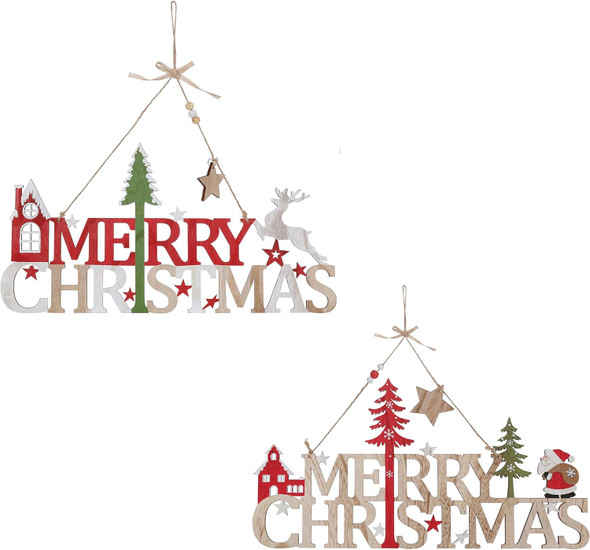Wooden Merry Christmas Signs (Twinpack: 16.5 Inch Santa + 16.5 Reindeer)