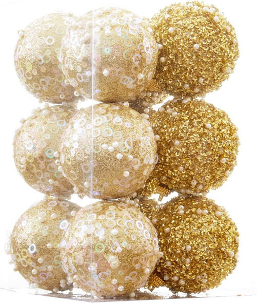 12CT Christmas Ball Ornaments, Gold Christmas Ball Decorations Shatterproof Plastic Hanging Pearl Balls for Holiday Party(70mm/2.76")