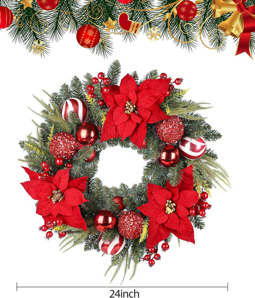 24 Inch Christmas Wreath, Artificial Christmas Wreath for Front Door, Decorated with Cypress Leaves, Christmas Flowers, Red Berries, Atmosphere Balls, Suitable for Indoor and Outdoor