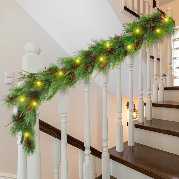 Chuangdi 6 ft Christmas Pine Garland with 20 LED Lights Battery Operated Pre-lit Artificial Pine Needle Garland with Pine Cones Berries Christmas Greenery Garland for Mantle Staircase Fireplace Decor
