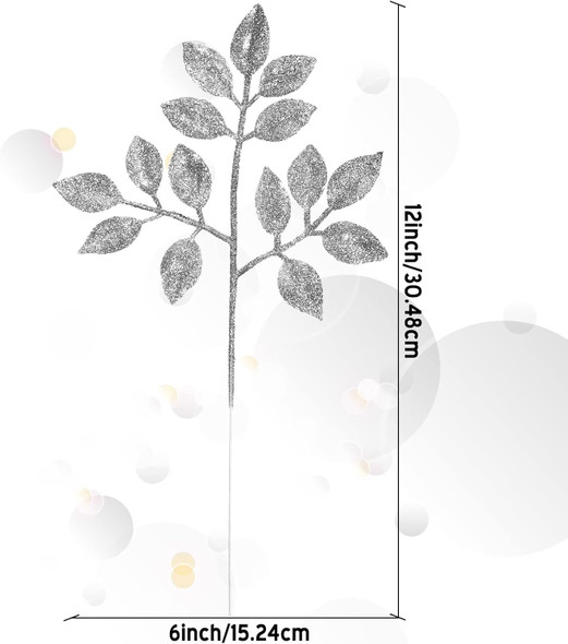 Chuangdi 30 Pcs Christmas Glitter Picks 12 Inch Artificial Xmas Tree Sprigs and Twigs Glitter Spray Christmas Trees Leaves Plastic Xmas Decoration Fake Bunch Stem for DIY Garland Wreath(Silver)
