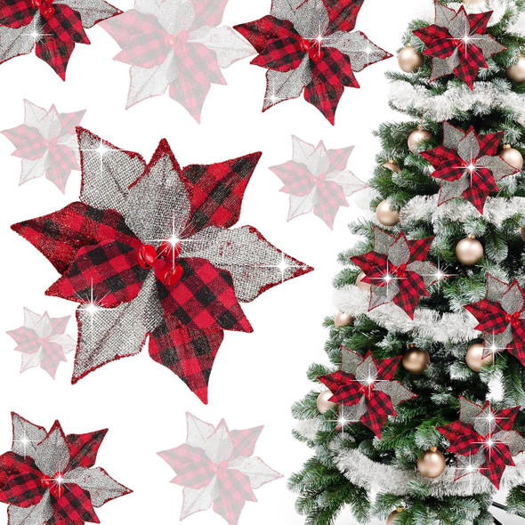 12 Pieces Christmas Buffalo Plaid Poinsettias 6.7 Inches Artificial Christmas Tree Ornaments Checked Xmas Flower with Bells for Rustic Christmas Tree Wreath Garland (Red Black)