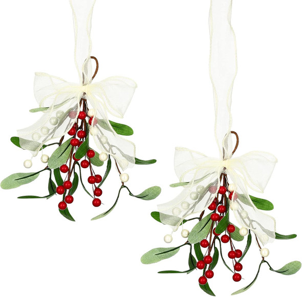 Artificial Mistletoe Pick Mistletoe Christmas Decoration with Berries and White Ribbon Bow Faux Mistletoe Hanging Mistletoe Kissing Ball for Christmas Tree Ornament Party Decor (Red White,2 Pieces)