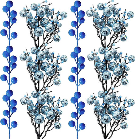 30 Pieces Artificial Glitter Berries Stems Decorations Pick 11.8 Inch and 6.3 Inch Artificial Christmas Picks for Valentine's Day Christmas Tree DIY Wreath Crafts Holiday Decor (Light Blue)