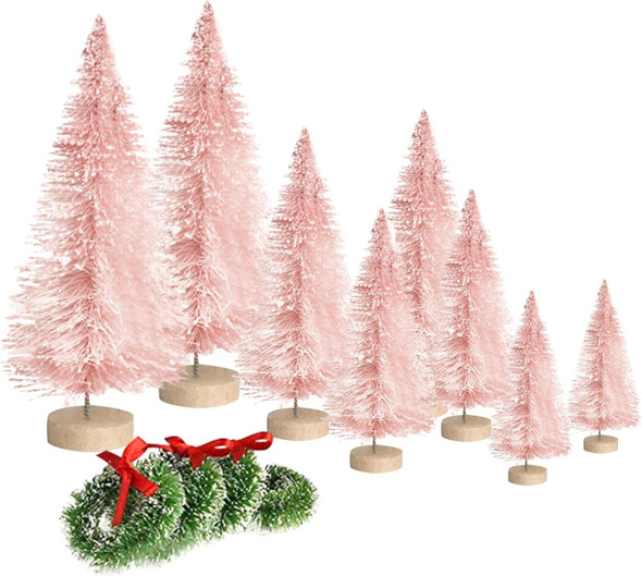8pcs Mini Christmas Tree, Artificial Bottle Brush Trees with Wood Base, Tabletop Miniature XmasTrees with 4 Small Christmas Wreath, Fake Xmas Tree Ornament, White Christmas Tree for Christmas Décor