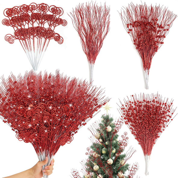 50pcs 4 Kinds of Christmas Tree Picks, Christmas Picks and Sprays for Decorations, Tree Topper Twigs for Xmas Tree Wreath DIY Crafts Vase Filler Home Decor (Red)