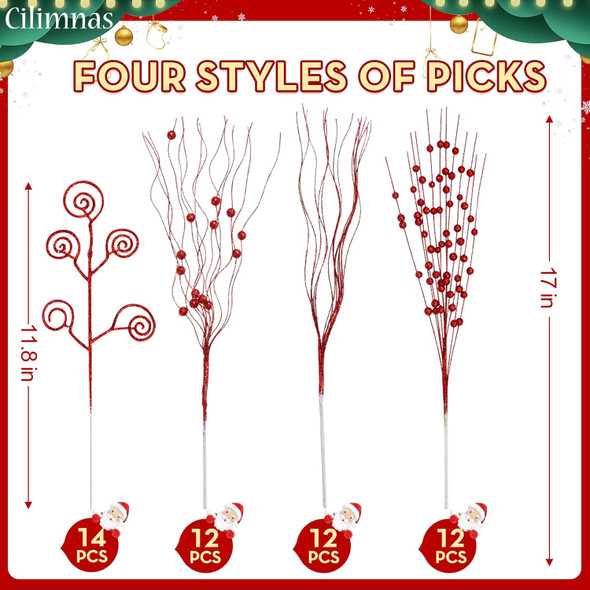 50pcs 4 Kinds of Christmas Tree Picks, Christmas Picks and Sprays for Decorations, Tree Topper Twigs for Xmas Tree Wreath DIY Crafts Vase Filler Home Decor (Red)