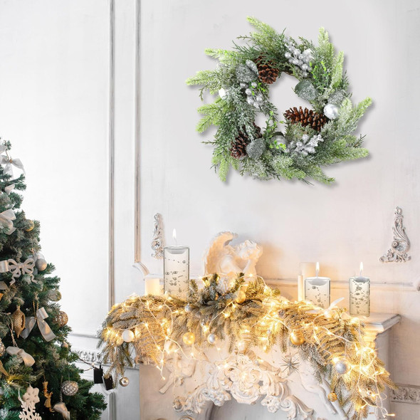 Cindeer 19 Pcs Christmas Artificial Pine Cone Ring Wreath and Candle Set 19 Inch Wreath and Glass Candle Holder with Floating Candle and Artificial Pearl String for Table Centerpiece Front Door Decor