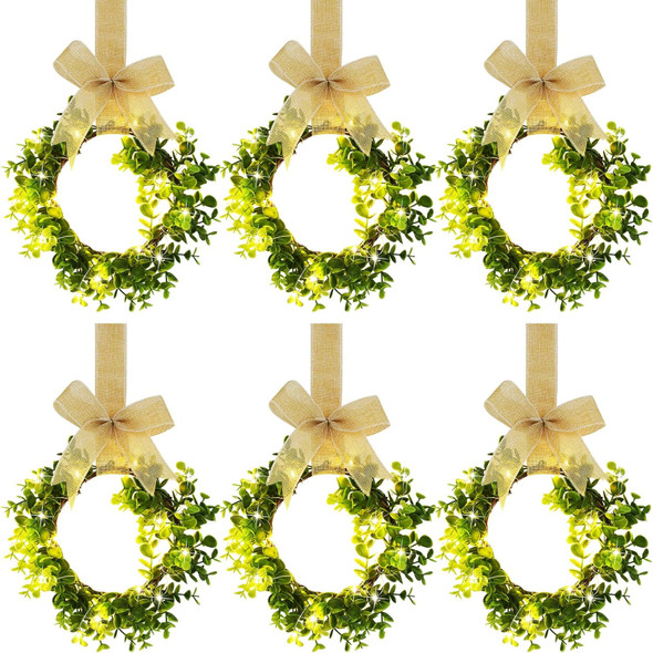 Cindeer 6 Pcs Lighted Christmas Kitchen Cabinet Wreaths with Ribbon Bow LED Lights Farmhouse Artificial Cabinet Hanging Wreaths for Door Wall Christmas Party(Yellow)