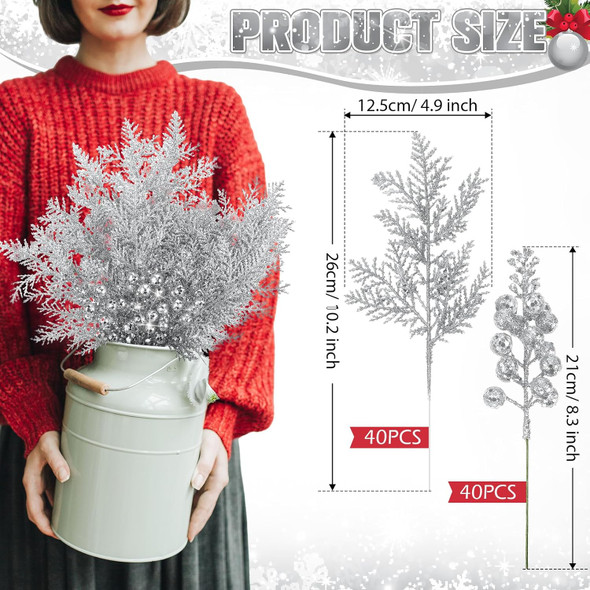 Cindeer 80 Pcs Christmas Glitter Berries Stems Pine Needles Christmas Artificial Picks Fake Floral Twig Spray for Xmas Tree Ornaments DIY Wreath Garland Decorations(Silver)