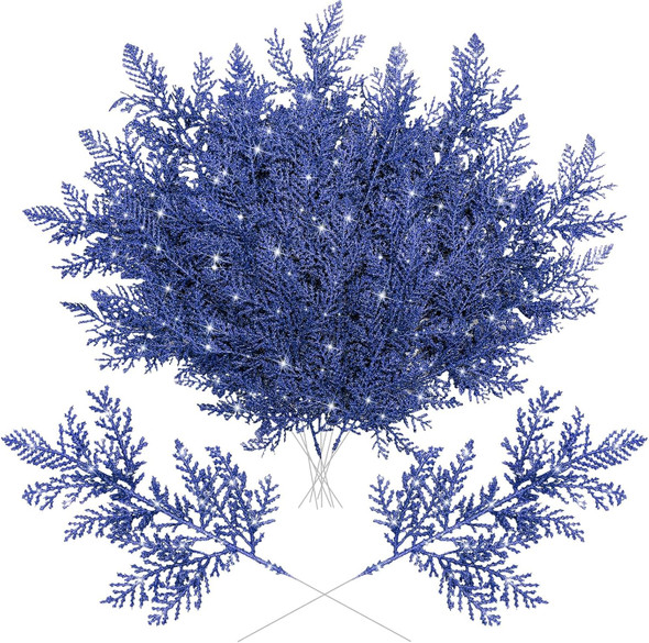 Cindeer 100 Pcs Christmas Tree Picks Sprays 10.24 Inch Glitter Artificial Pine Leaves Cedar Stems Faux Pine Needles Greenery Cedar Branches Ornament for Home Garland Wreath Winter Decor(Blue)
