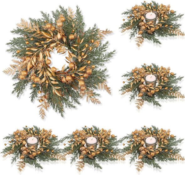 Christmas Candle Rings Wreaths Christmas Kitchen Cabinet Wreaths Artificial Berry Garland Wreaths Pillar Candle Rings Wreaths Mini Wreaths for Kitchen Cabinets Centerpiece Table Decorations(6 Pcs)