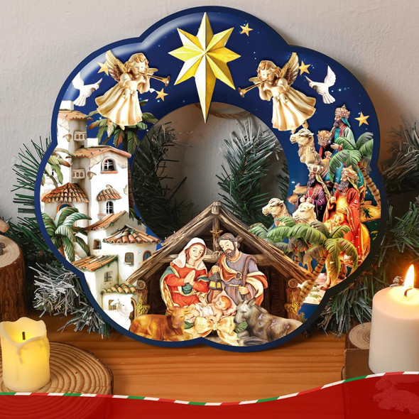 Holy Family Wreath Decorations Christmas Front Door Wreaths Sign Wooden Nativity Scene Wreath Religious Nativity Scene Door Decoration for Xmas Home Window Wall Decor(Holy Family)
