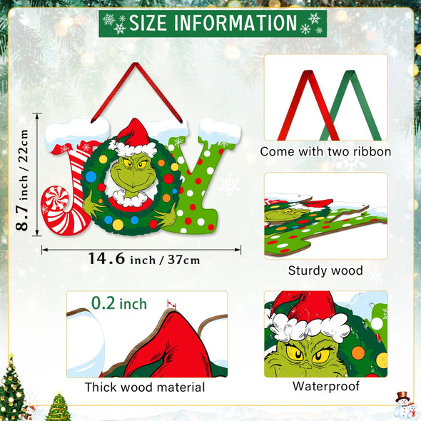 Christmas Joy Wooden Door Sign Decorations Wood Joy Xmas Wreath Hanging Signs Christmas Joy Letter Sign for Home Front Door Holidays Christmas Party Supplies