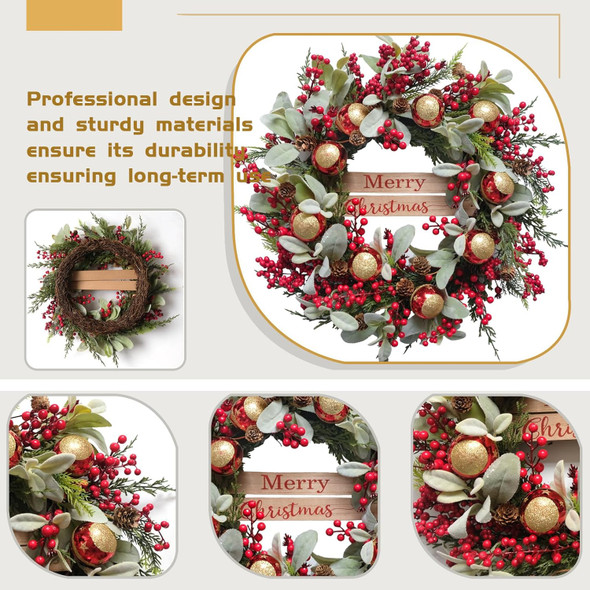 22" Christmas Wreath with Red Berry, Lamb’s Ears Leaves Pine Cone Star bolls, Artificial Winter Wreath G Decoration for Front Door Window Home Wall Farmhouse Holiday Outdoor Indoor Décor