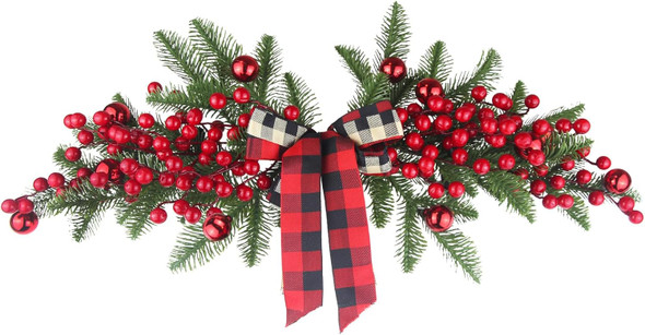 Christmas Swag Decoration Floral Swag with Berries and Ribbon Bows Christmas Balls 27.56 Inch Greenery Christmas Swag Xmas Door Swag for Front Door Festival Decor Wall Arch Window